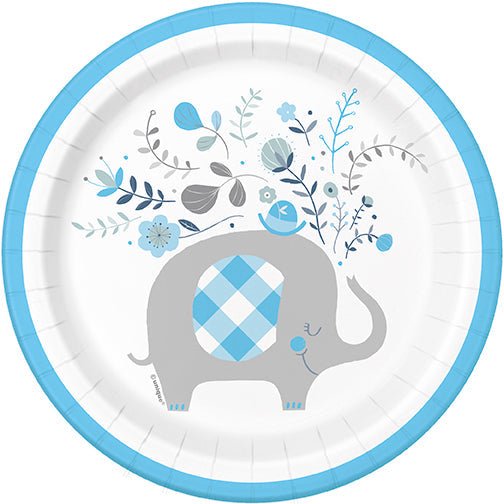Blue Floral Elephant Round Plates 7in | 8ct