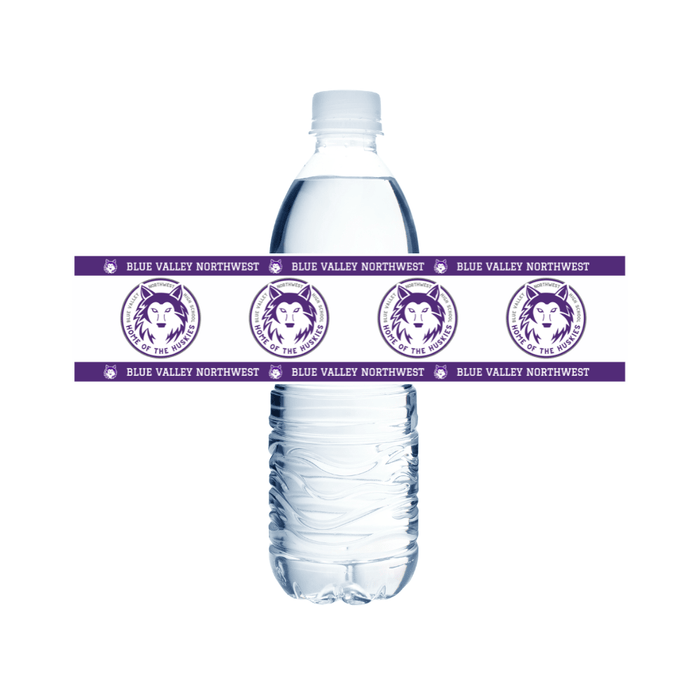 Clear water bottle with a purple label featuring a logo and text on a white background