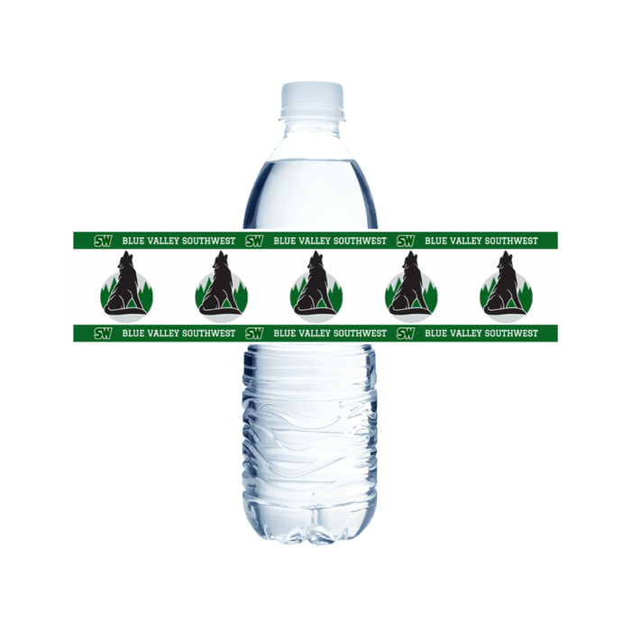 Clear water bottle with a green label featuring a logo and text on a white background