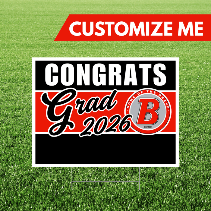 Graduation-themed customizable sign with 'Congrats Grad 2026' text on a grass background