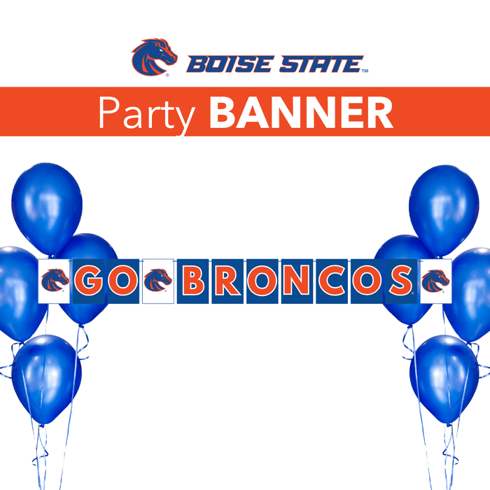 Boise State party banner with blue balloons on a white background