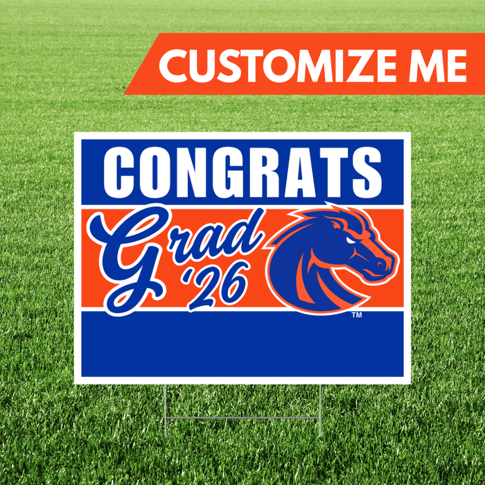 Graduation-themed sign with 'Congrats Grad '26' text and a horse logo on grass.