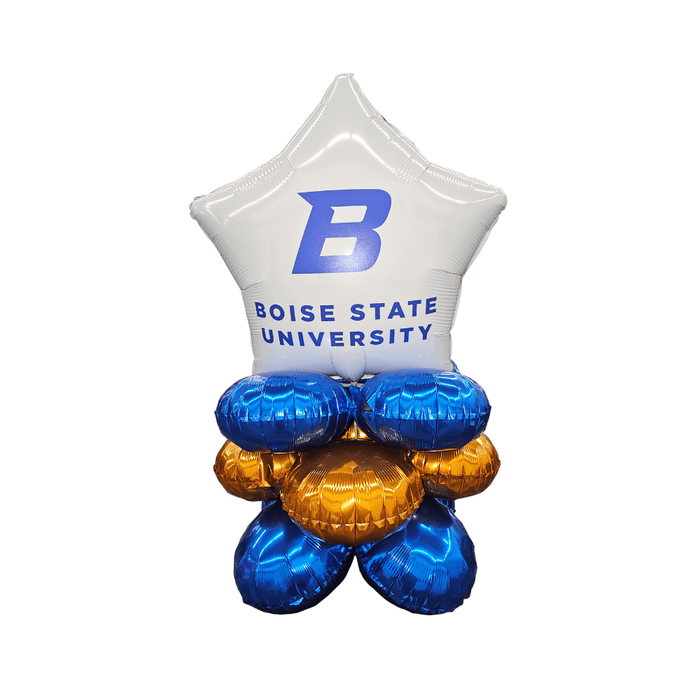 Boise State University balloon bouquet with blue and orange balloons on a white background