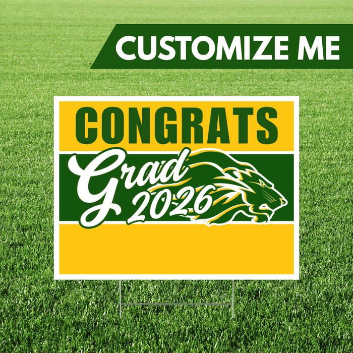 Graduation-themed customizable sign with 'Congrats Grad 2026' on a grass background