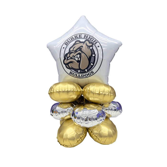 Star-shaped balloon with 'Burke High Bulldogs' logo and gold and silver balloons on a white background