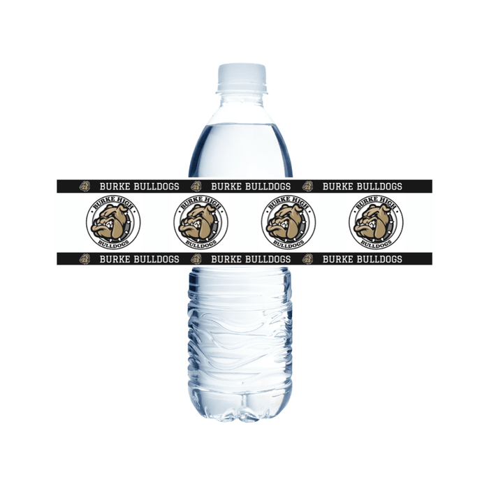 Clear water bottle with Burke Bulldogs label on a white background