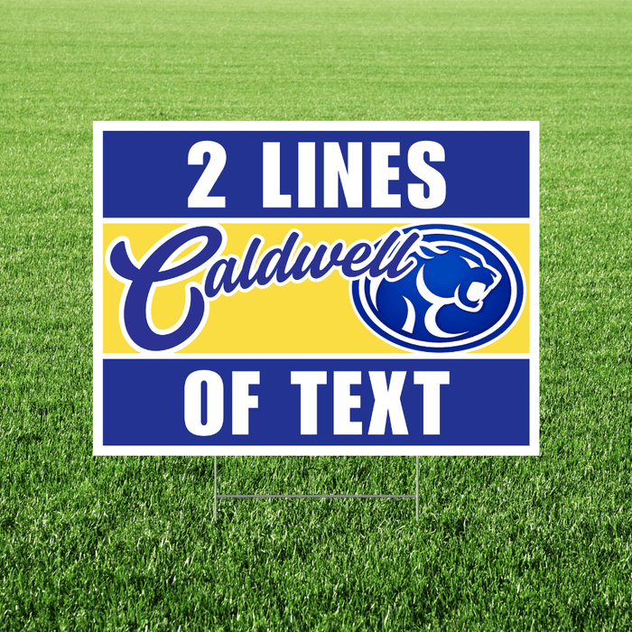 Customizable yard sign with blue and yellow design on grass