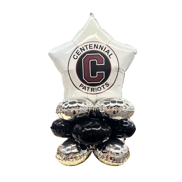 Star-shaped balloon with 'Centennial Patriots' logo and football balloons below on a white background