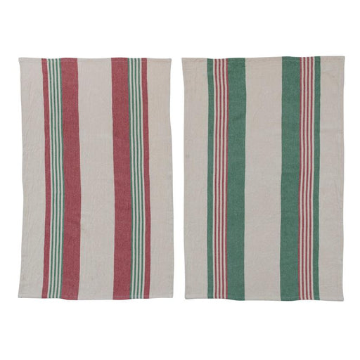 Christmas Cotton Printed Tea Towels w/ Stripes & Jute & Wood Bead Tie | 2 ct - Zurchers
