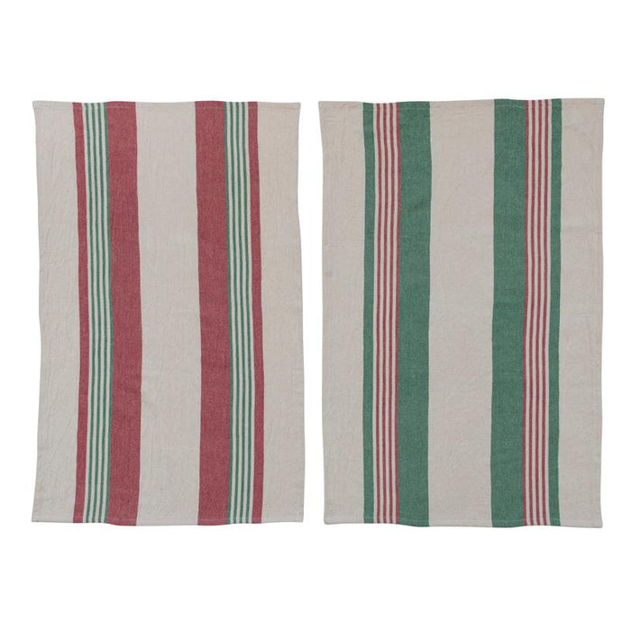 Christmas Cotton Printed Tea Towels w/ Stripes & Jute & Wood Bead Tie | 2 ct - Zurchers