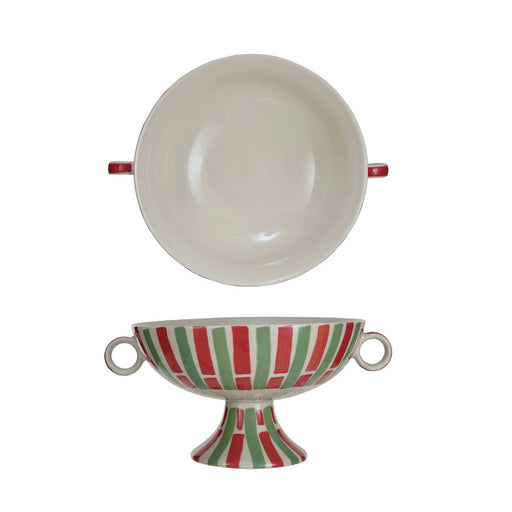 Christmas Stoneware Footed Bowl w/ Handles & Stripes | 1 ct - Zurchers