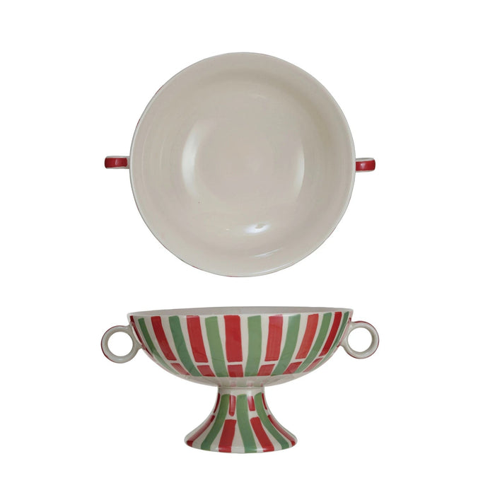 Christmas Stoneware Footed Bowl w/ Handles & Stripes | 1 ct - Zurchers
