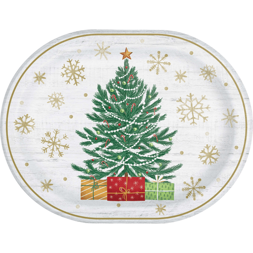 Christmas Tree Oval Serving Tray with Gold Snowflakes | 1ct - Zurchers