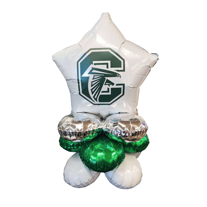 Inflatable mannequin torso with green and white logo and balloons on a white background