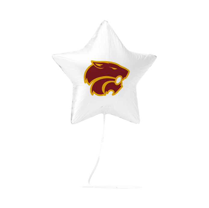 White star-shaped balloon with a logo on a white background