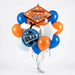 Graduation balloon bouquet featuring an orange “Congrats Grad” cap-shaped foil balloon, a blue round “Congrats Grad” foil balloon, a white star-shaped foil balloon, and blue, orange, and white latex balloons with curling ribbons.
