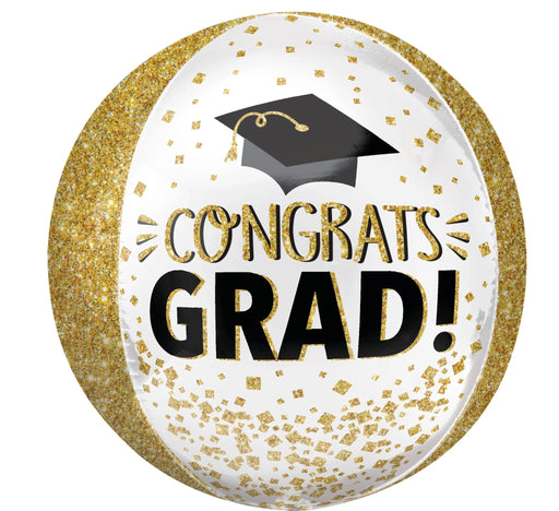 Congrats Grad Gold Glitter Orbz Mylar Balloon, 16" | 1 ct