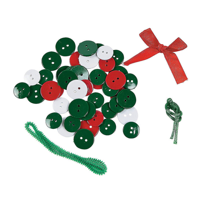 The contents of the Cool2Create Green & Red Button Wreath Ornament Craft Kit.  Including red ribbon, green white, and red buttons, and string.