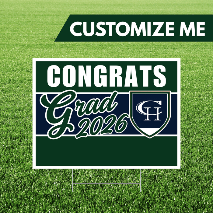 Graduation-themed customizable sign with 'Congrats Grad 2026' text on a grass background