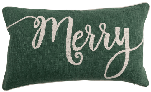 Cotton Slub Lumbar Pillow with Embroidered "Merry", Green & Natural | 1ct - Zurchers