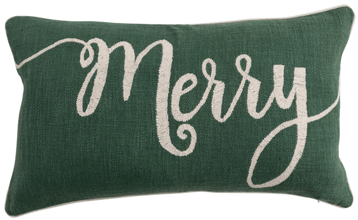 Cotton Slub Lumbar Pillow with Embroidered "Merry", Green & Natural | 1ct - Zurchers
