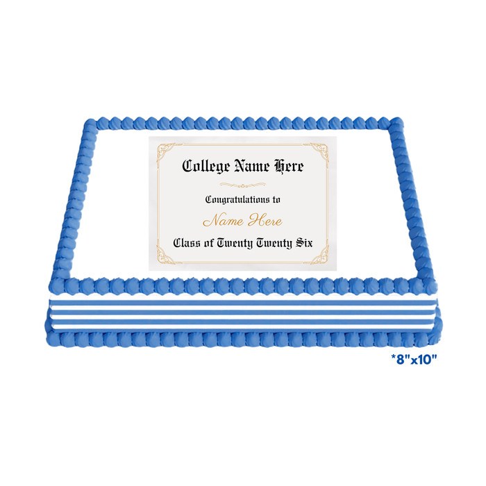Graduation-themed cake with customizable text on a white background