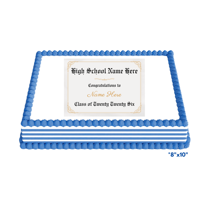 Graduation-themed cake with customizable text on a white background