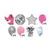 Disco cowgirl balloon bouquet product kit image showing a pink cowgirl boot-shaped foil balloon, a disco ball Orbz balloon, a silver star-shaped foil balloon, 4 hot pink latex balloons, 4 silver latex balloons, 4 light pink latex balloons, a matching balloon weight, and a balloon transport bag.