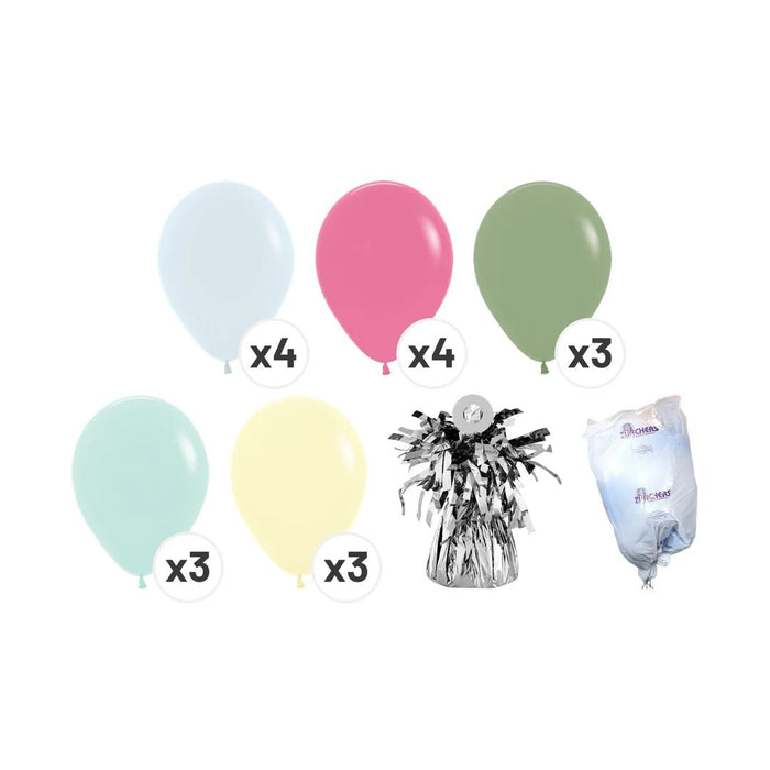 Product kit image showing 4 white latex balloons, 4 pastel pearl pink latex balloons, 3 sage green latex balloons, 3 mint latex balloons, 3 pale yellow latex balloons, a matching balloon weight, and a balloon transport bag.