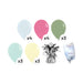 Product kit image showing 4 white latex balloons, 4 pastel pearl pink latex balloons, 3 sage green latex balloons, 3 mint latex balloons, 3 pale yellow latex balloons, a matching balloon weight, and a balloon transport bag.