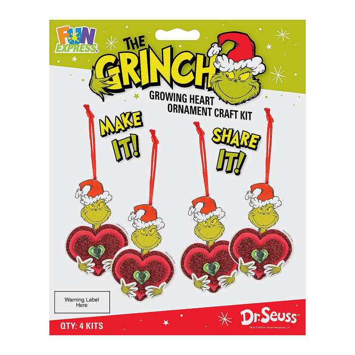 A package of Dr. Seuss™ The Grinch Growing Heart Ornament Craft Kit Packs