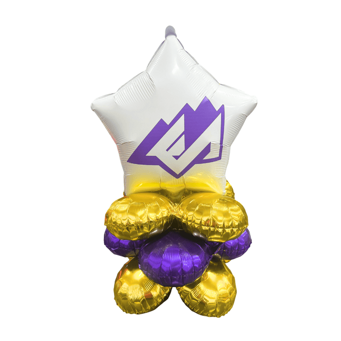 Balloon bouquet with a white star-shaped balloon and gold and purple round balloons on a white background