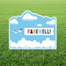 Farewell yard sign featuring a blue sky and white cloud design, a small airplane pulling a white banner with colorful “Farewell!” lettering, and a cloud-shaped border displayed in grass.