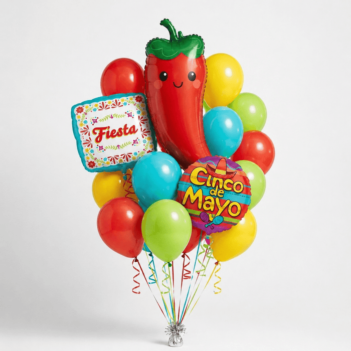 Cinco de Mayo balloon bouquet featuring a smiling chili pepper-shaped foil balloon, a square “Fiesta” foil balloon, a round “Cinco de Mayo” foil balloon, and red, yellow, lime green, and teal latex balloons with curling ribbons.
