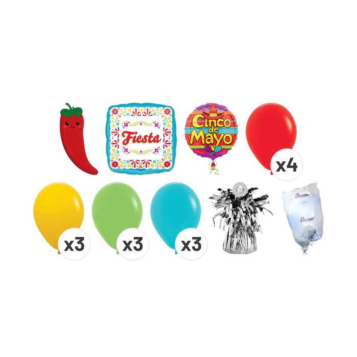 Fiesta balloon bouquet product kit image showing a chili pepper-shaped foil balloon, a square “Fiesta” foil balloon, a round “Cinco de Mayo” foil balloon, 4 red latex balloons, 3 yellow latex balloons, 3 light green latex balloons, 3 teal latex balloons, a matching balloon weight, and a balloon transport bag.