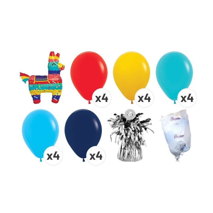 Fiesta piñata balloon bouquet product kit image showing a colorful donkey piñata-shaped foil balloon, 4 red latex balloons, 4 yellow latex balloons, 4 teal latex balloons, 4 light blue latex balloons, 4 navy latex balloons, a matching balloon weight, and a balloon transport bag.
