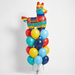  Fiesta piñata balloon bouquet featuring a colorful donkey-shaped foil balloon and red, yellow, teal, navy, and bright blue latex balloons with curling ribbons.