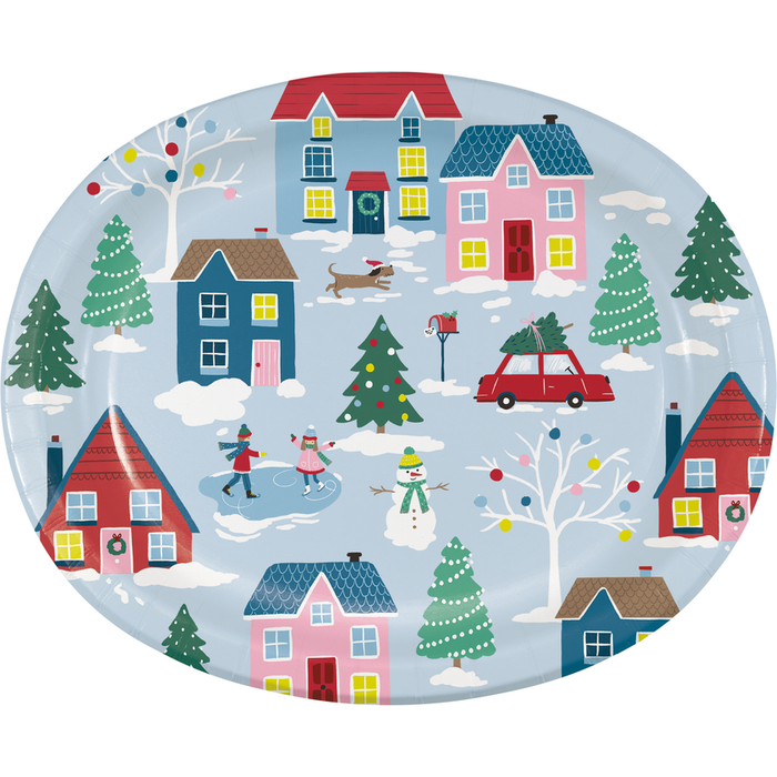 Christmas Village Oval paper Plates 12"x10" | 8ct