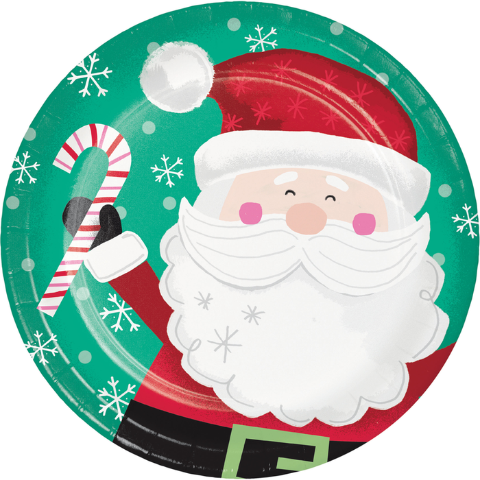 This festive Christmas plate set features 8 paper plates printed with cheerful Santa character designs, perfect for holiday parties. Durable and sturdy, these 9" plates can handle casual dinners and more. Celebrate the Christmas season with these cheerful plates.