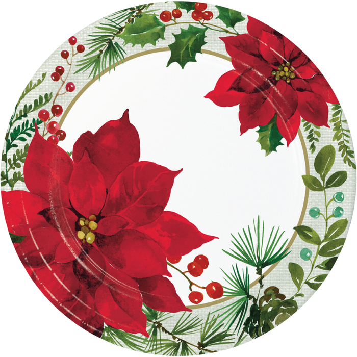 Add holiday cheer to your next gathering with these festive Poinsettia paper plates. The 9” plates are made with sturdy boardstock for durability and feature an eye-catching red and green design. Perfect for any Christmas celebration, each package includes 8 disposable plates.