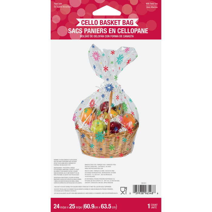 Bright and festive snowflake basket bags are perfect for the holidays! Each bag is made from a durable plastic fabric and features beautiful snowflake designs, making them an eye-catching addition to any Christmas celebration. 24"x25"