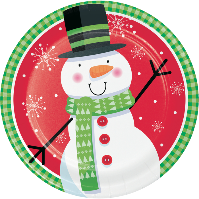 Impress your guests this Christmas with 8 beautiful paper plates featuring an adorable snowman character. Each plate is 7" and perfect for serving treats during your holiday party.