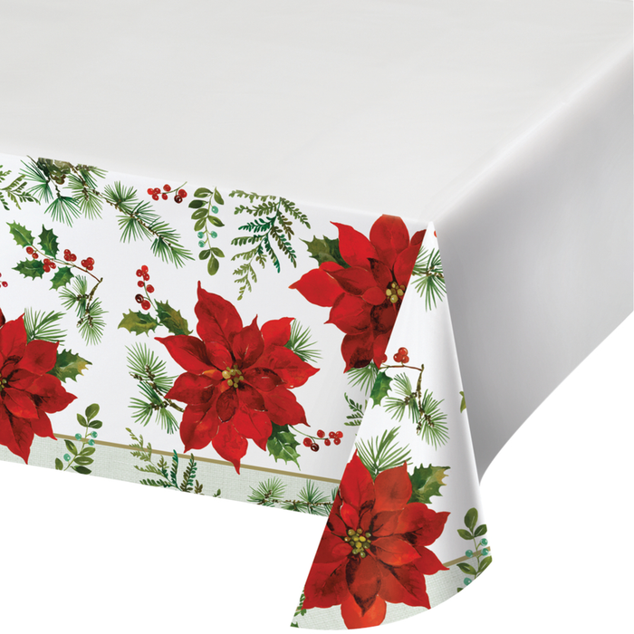 Make your holiday feast more festive with the Christmas Posh Poinsettia Tablecover. It measures 52 inches by 102 inches and features an eye-catching poinsettia design. Perfect for covering banquet and card tables.