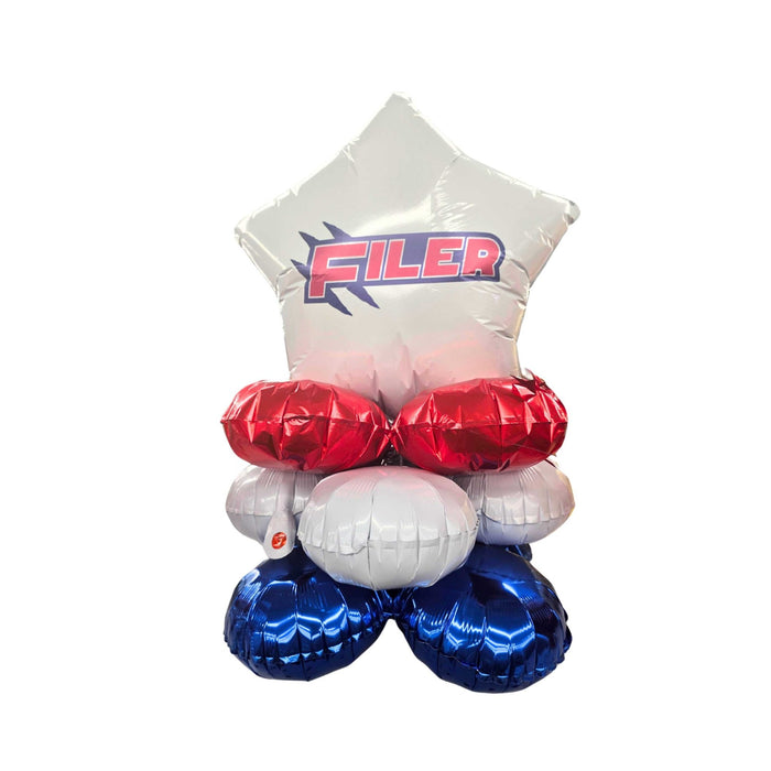 Stack of red, white, and blue balloons with 'Filer' branding on a white background