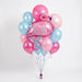 Flamingo-themed balloon bouquet featuring a large pink flamingo-shaped foil balloon, bright pink and pastel pink Orbz balloons, and pink, pearl fuchsia, and light blue latex balloons with curling ribbons.