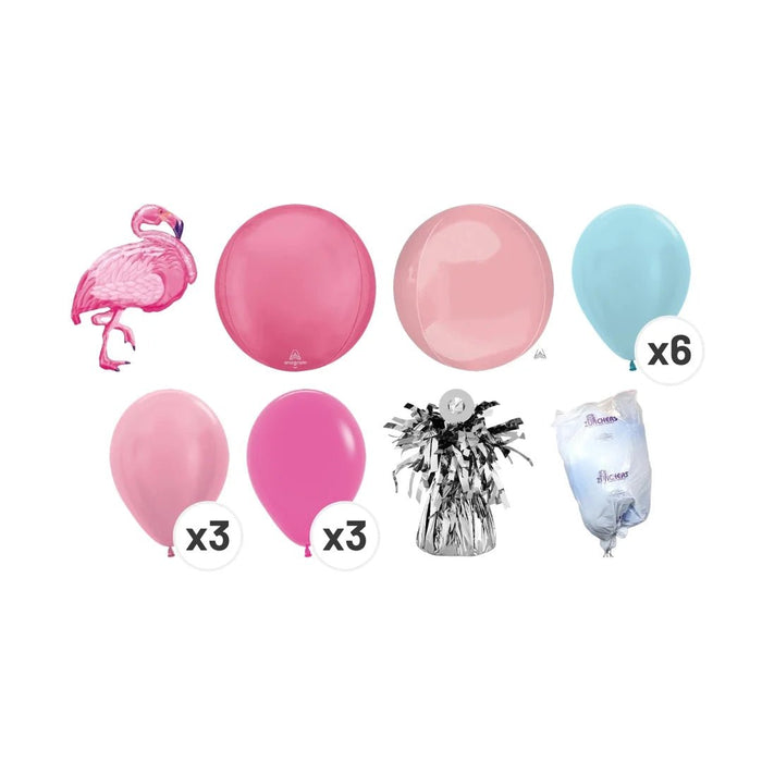Flamingo balloon bouquet product kit image showing a pink flamingo-shaped foil balloon, a hot pink Orbz balloon, a light pink Orbz balloon, 6 light blue latex balloons, 3 light pink latex balloons, 3 hot pink latex balloons, a matching balloon weight, and a balloon transport bag.