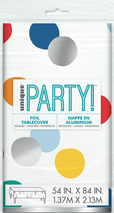 54x84in Tablecover Foil Happy Birthday Dots