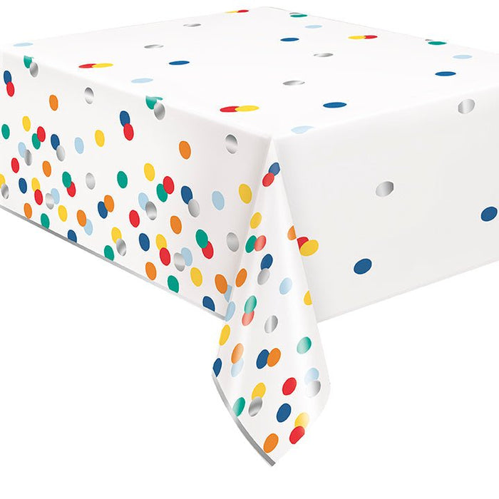 54x84in Tablecover Foil Happy Birthday Dots