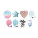Gender reveal balloon bouquet product kit image showing a round “Boy or Girl?” foil balloon, a light blue star-shaped foil balloon, a pastel pink heart-shaped foil balloon, 2 white latex balloons, 2 pink latex balloons, 2 light blue latex balloons, a matching balloon weights, and a balloon transport bag.