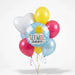 Get well soon balloon bouquet featuring a round blue “Get Well Soon” sun-and-cloud foil balloon, a white heart-shaped foil balloon, and pink, yellow, and light blue latex balloons with curling ribbons.